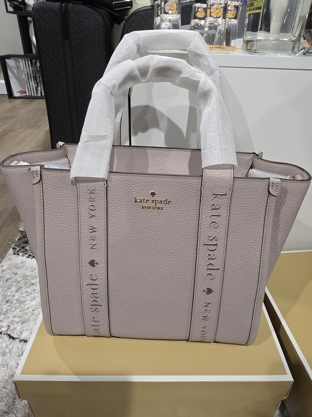 kate spade pale lavender leather tote with logo straps